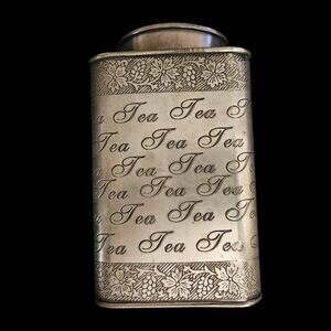 Vintage Metal Tea Canister Tin Embossed Floral Border Script Design Storage